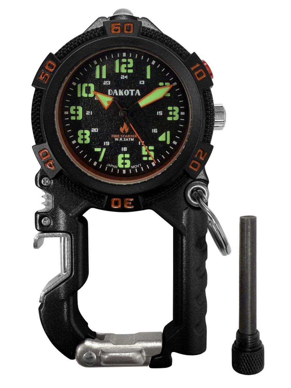 Dakota Flint Clip Pocket Watch with Fire Starter & Bottle Opener - Black